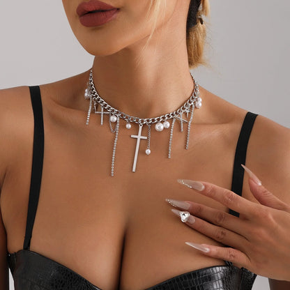 Cross Tassel Pearl Collarbone Chain Necklace in ZW1941 colour