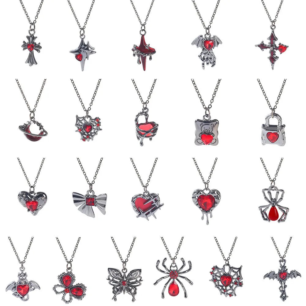 Gothic Halloween necklace with spider and bat pendant designs in electroplated zinc alloy