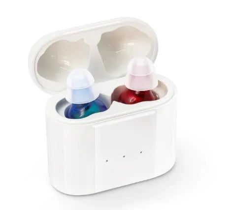 G19 TWS true wireless sound amplifier in silicone casing with charging silo, red blue colour option