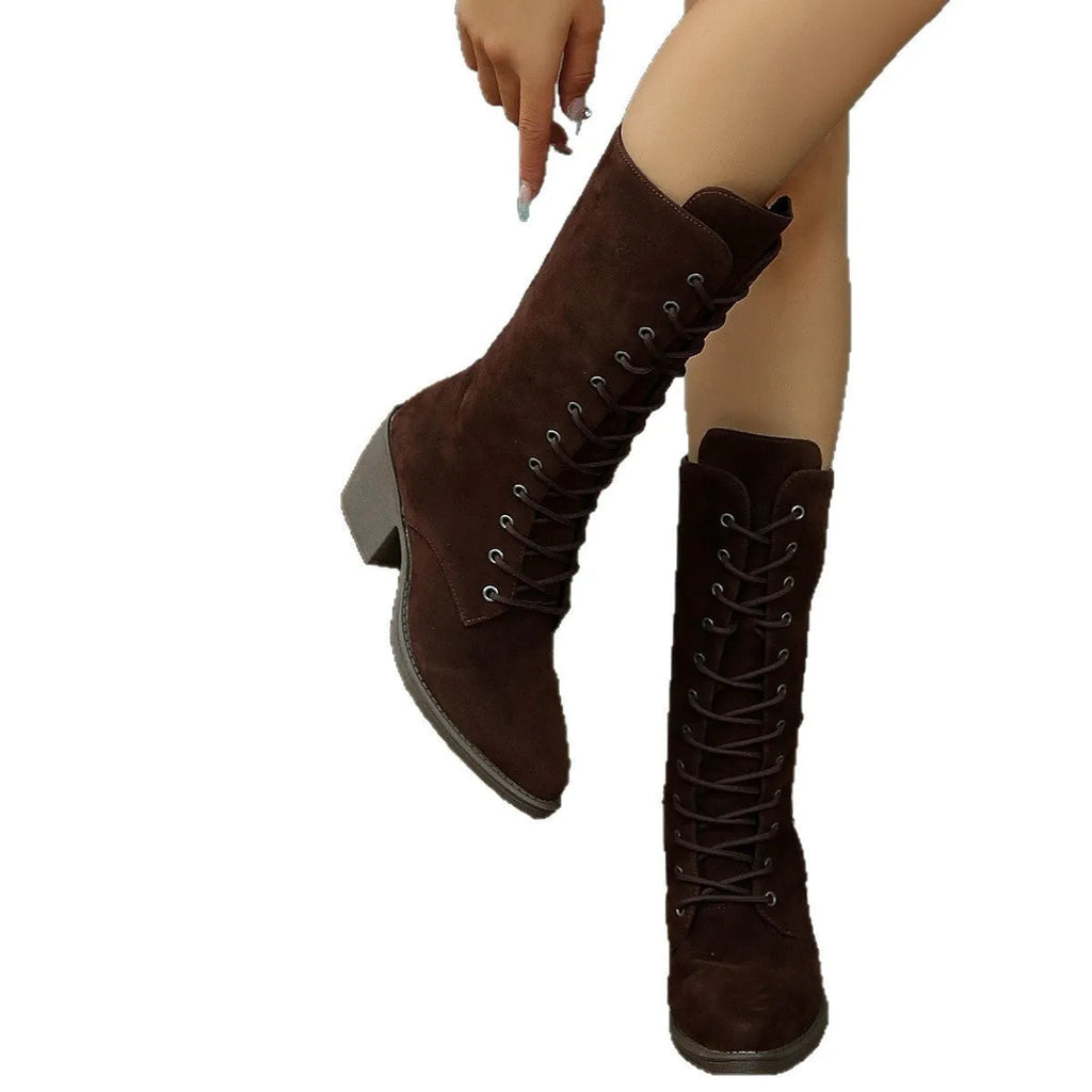Women's black suede lace-up chunky heel boots, mid-calf pointed toe, height increase