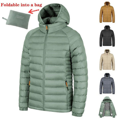 Versatile hooded jacket for men in various colors, featuring a lightweight and warm polyester design with a comfortable hood and convenient pockets.