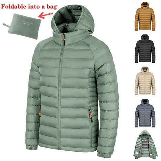 Versatile hooded jacket for men in various colors, featuring a lightweight and warm polyester design with a comfortable hood and convenient pockets.