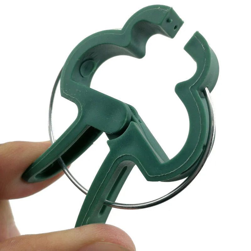 Green plastic and zinc plant fixing clips in large and small sizes for climbing plants.