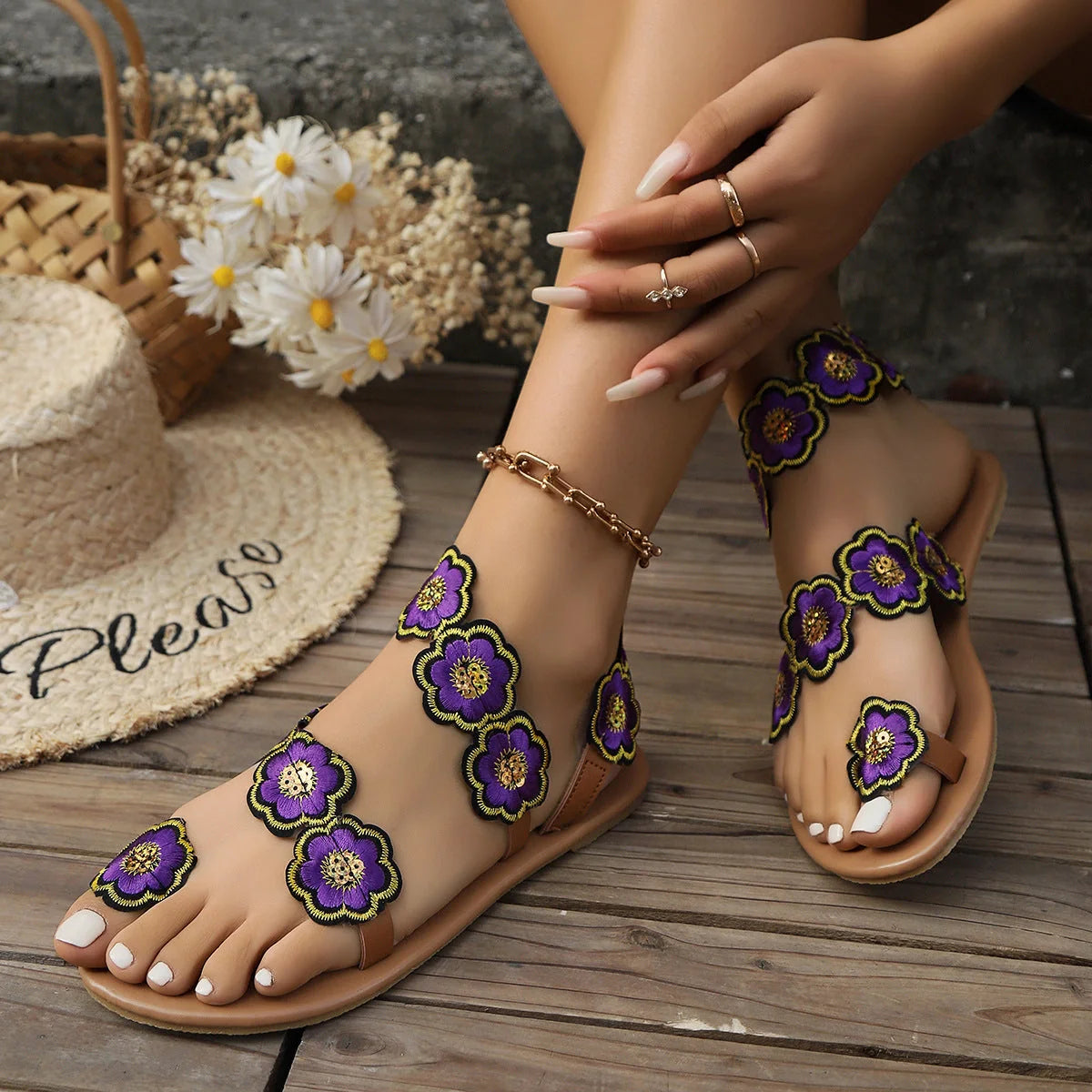 Women's ethnic style flowers flat sandals with fish mouth toe and floral design