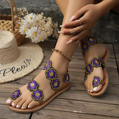 Women's ethnic style flowers flat sandals with fish mouth toe and floral design