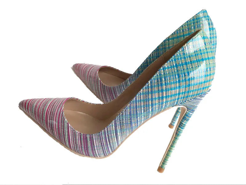 Women's pink and blue gradient patent leather pointed toe high heels on a rubber sole.