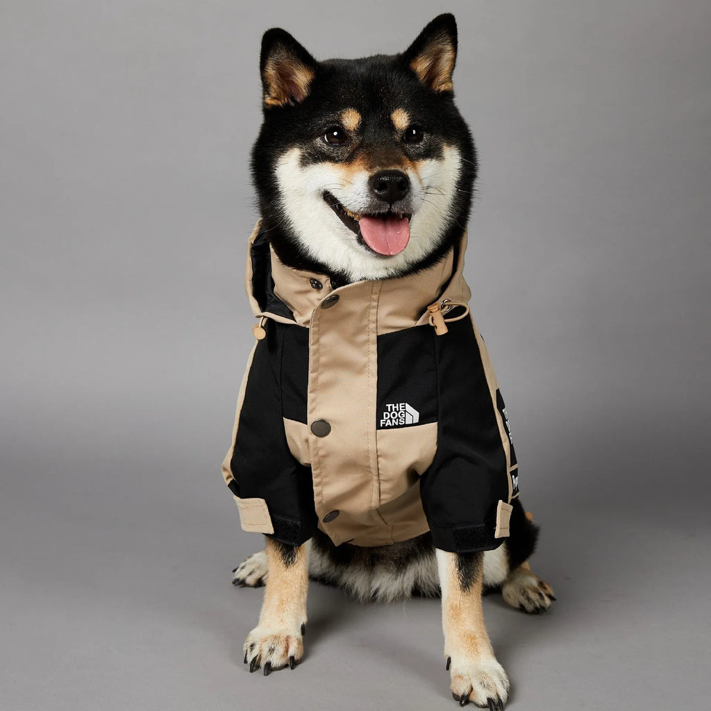 Khaki coloured polyester shell jacket for a dog, shown on a mannequin.