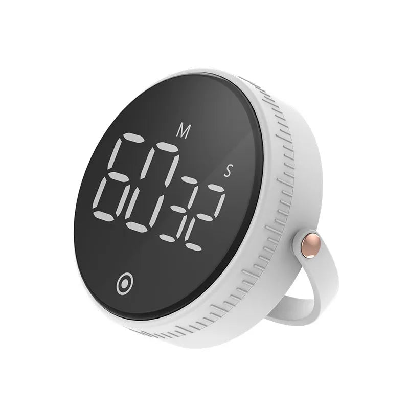 Black rotary digital timer with LED display showing 00:00, compact size