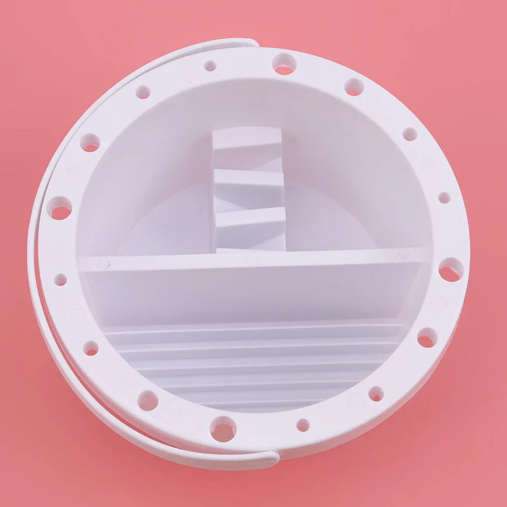 White plastic portable brush holder for painting, shown with approximate 16.5 cm diameter.