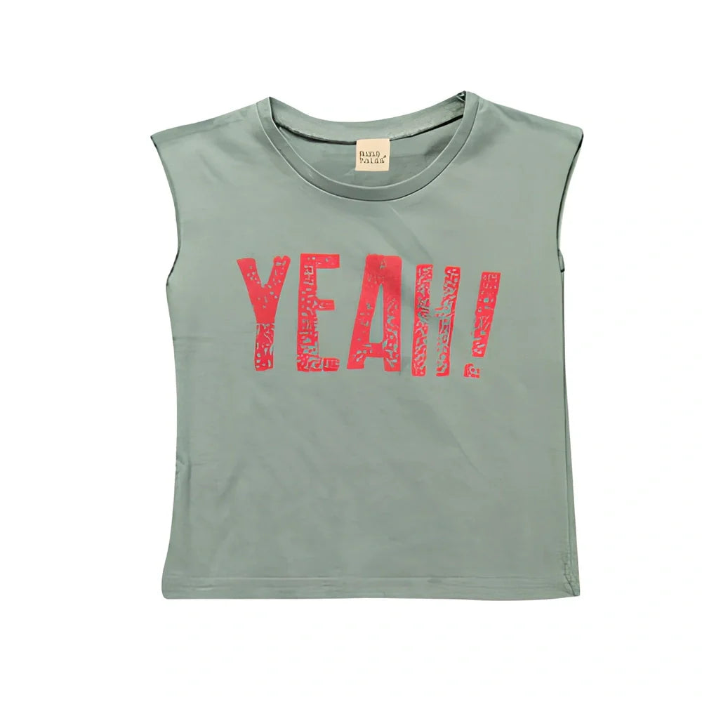 Children's sleeveless cotton t-shirt in army green with letter print, size 100 for 90-100cm height, bust 68cm