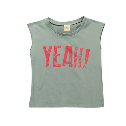 Children's sleeveless cotton t-shirt in army green with letter print, size 100 for 90-100cm height, bust 68cm