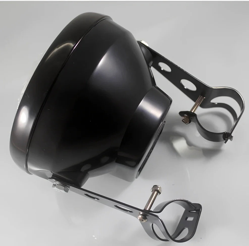 7-inch black ABS motorcycle headlight with yellow LED turn signals and adjustable brackets for cafe racer fit