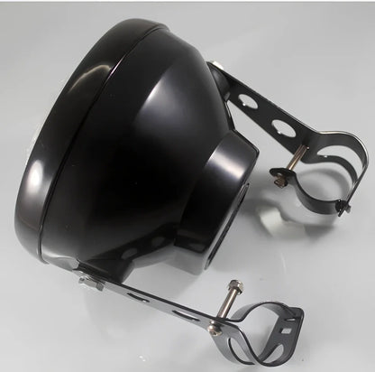 7-inch black ABS motorcycle headlight with yellow LED turn signals and adjustable brackets for cafe racer fit