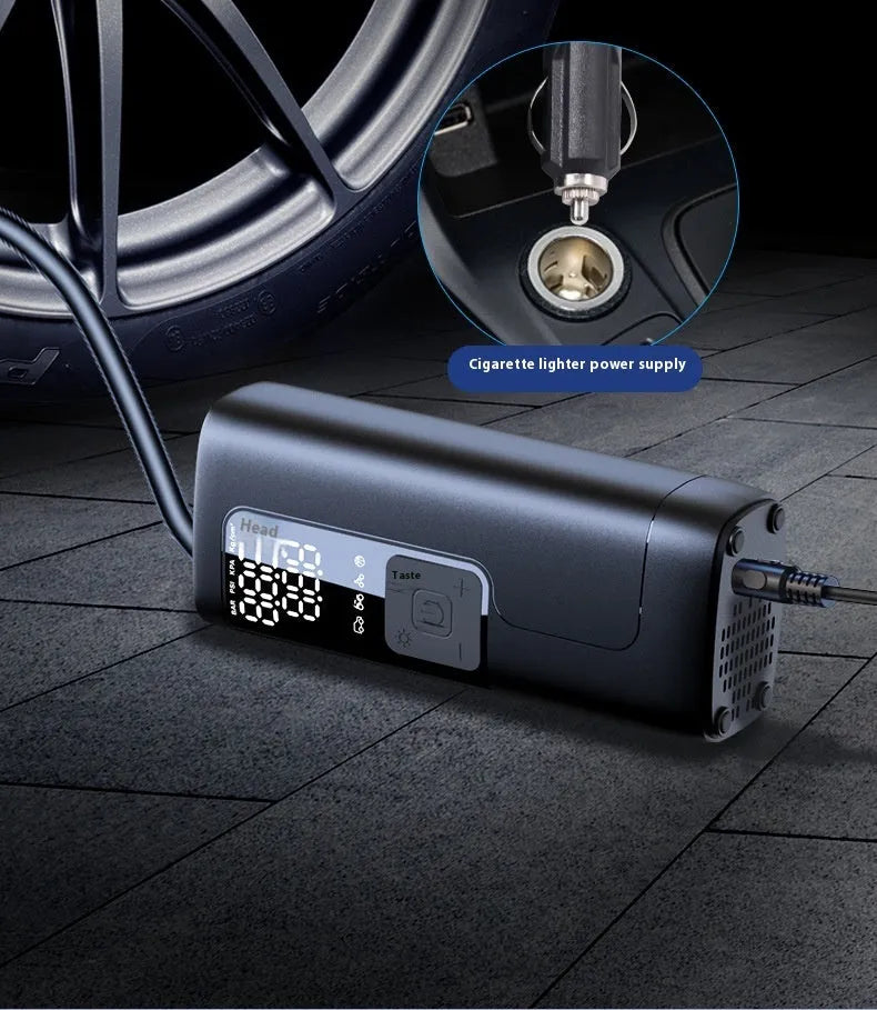 Portable car inflation tool with 5200 lithium battery, tyre pressure gauge, and warning light in an ABS casing.