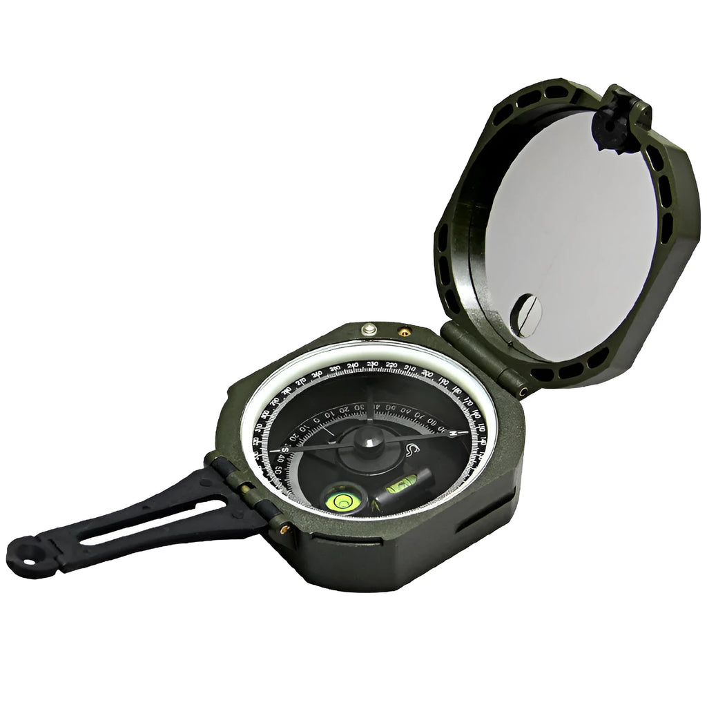 M2 outdoor professional geological compass in green with dimensions 140x83x116mm on a rocky surface