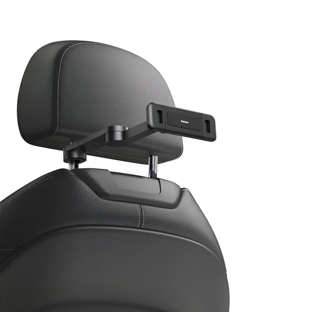 Black universal car backseat cell phone stand mounted behind seat for hands-free use