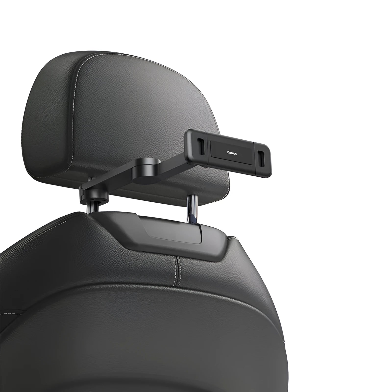 Black universal car backseat cell phone stand mounted behind seat for hands-free use