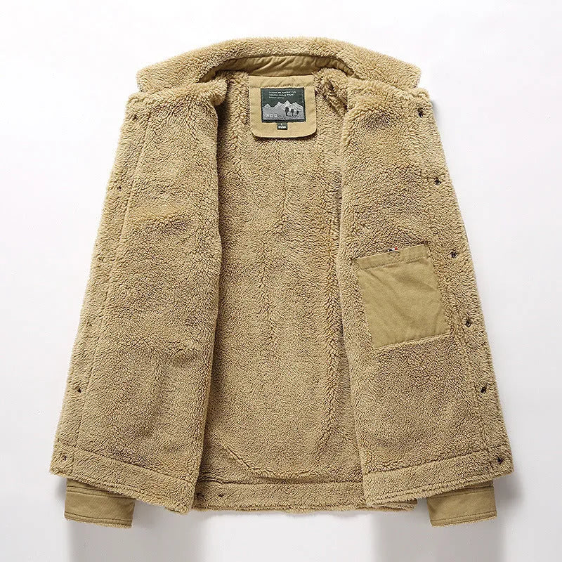 Men's fleece-lined cotton polo collar jacket in army green with regular fit
