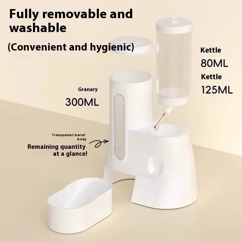 White automatic drinking water feeder and food bowl for a Djungarian hamster in a cage.