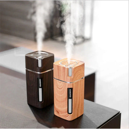 Versatile wood grain ultrasonic humidifier with aroma diffuser, LED light, and compact design