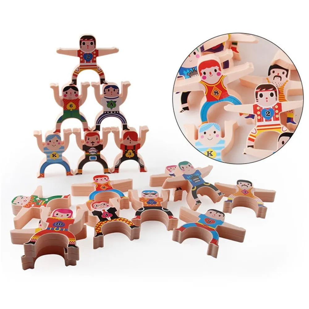 16 colourful Hercules plastic building blocks stacked in a balance tower with interlocking hands