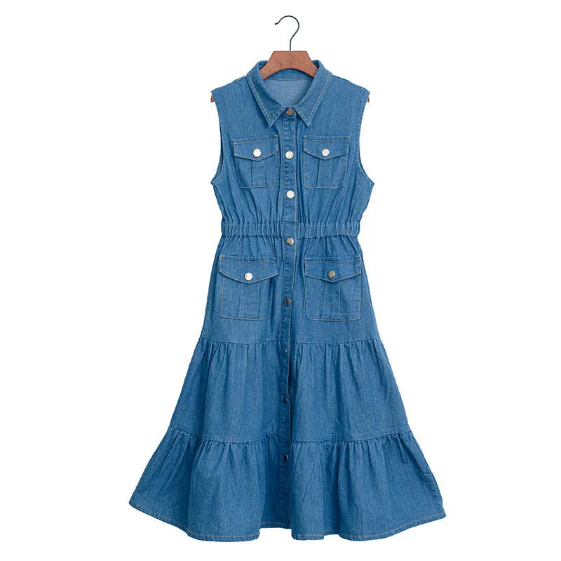 Blue denim blouse collar vest dress for girls on a white background