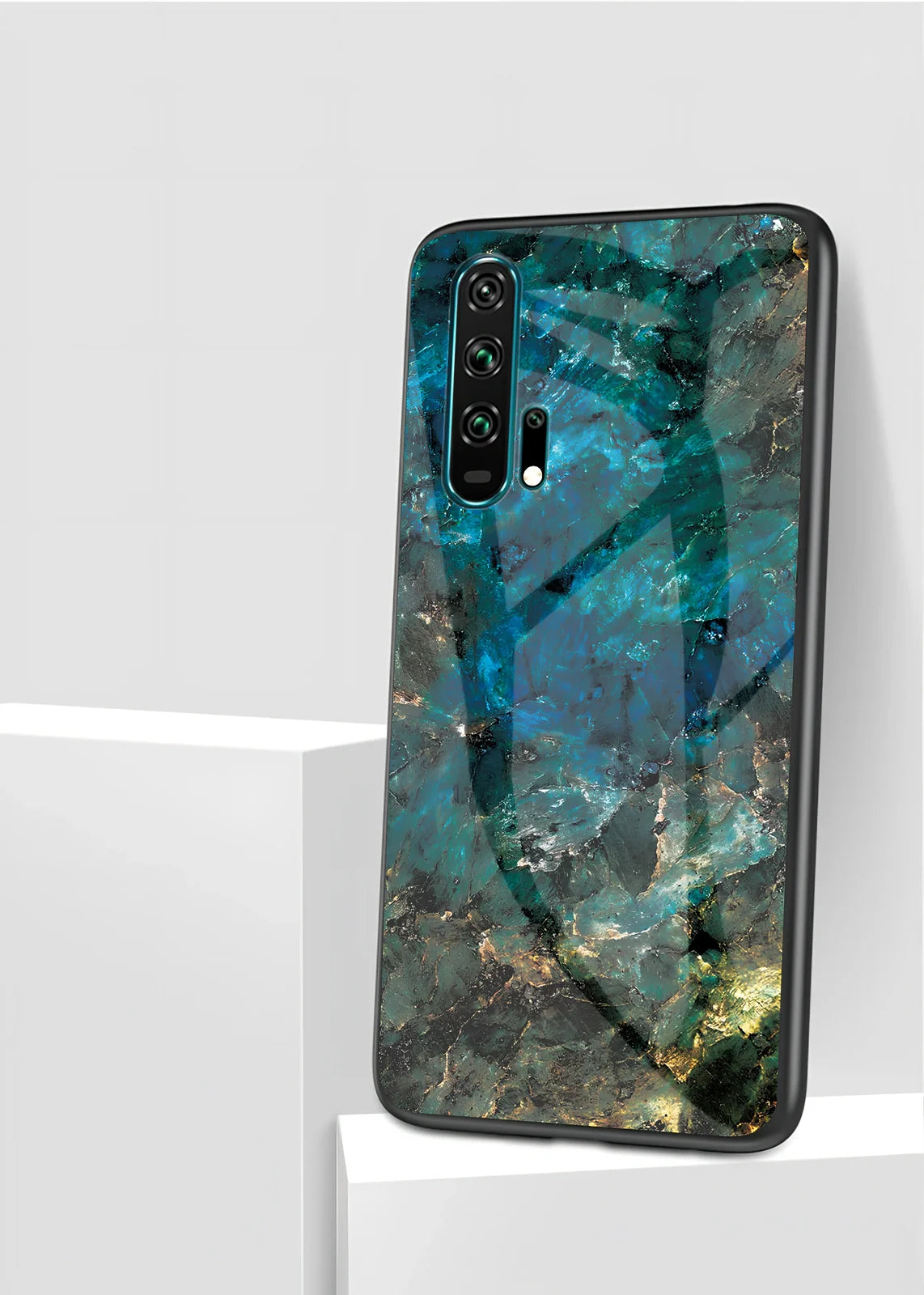 Black marble anti-fall phone case for Honor 20 with tempered glass back and silicone edges, showing grip texture and colour options