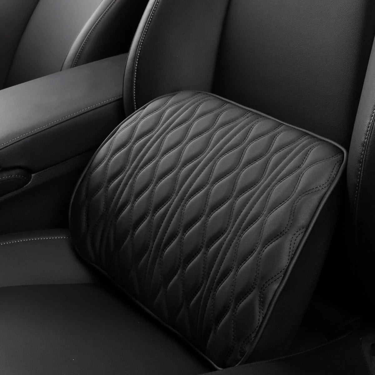 Embroidered memory foam car headrest and waist rest set in black and brown