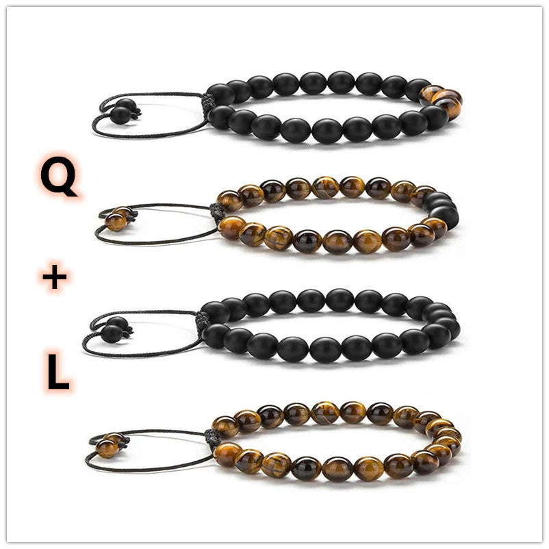 Tiger Eye Couple Bracelets with matte black agate beads, modern geometry design