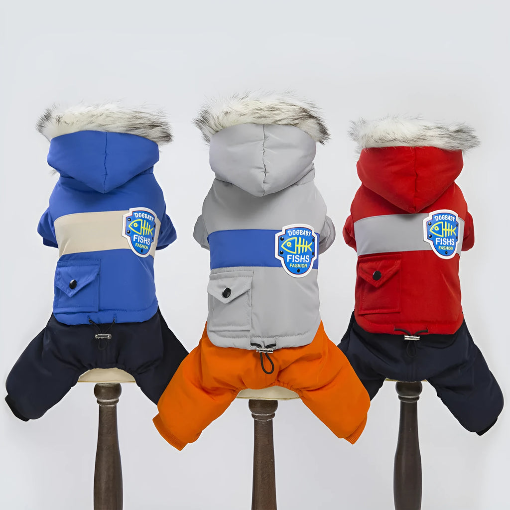 Dog snow coat in blue, grey, and red wool with four-legged back design and cotton lining