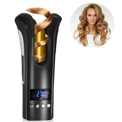 Automatic curling iron with gold ceramic barrel and LCD temperature display in black or red