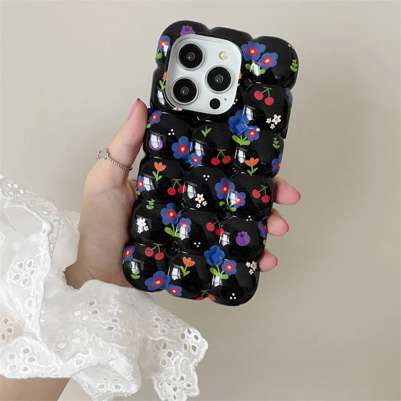 Retro cherry floral plaid TPU anti-fall phone case for iPhone with black background