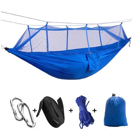 Parachute hammock with mosquito net in various colors and sizes, ideal for outdoor adventures and relaxation