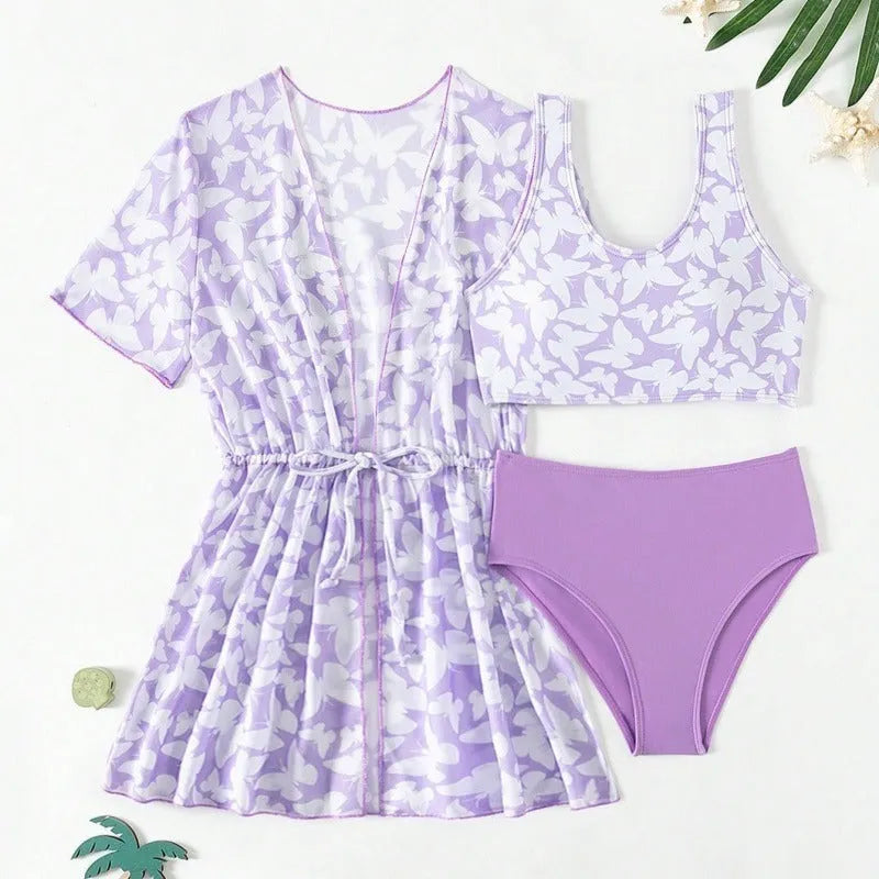 Girls' three piece split swimsuit cover print set in polyester for swimming.