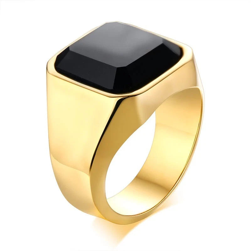 Men's geometric stainless steel black agate ring in silver, gold, red, and black