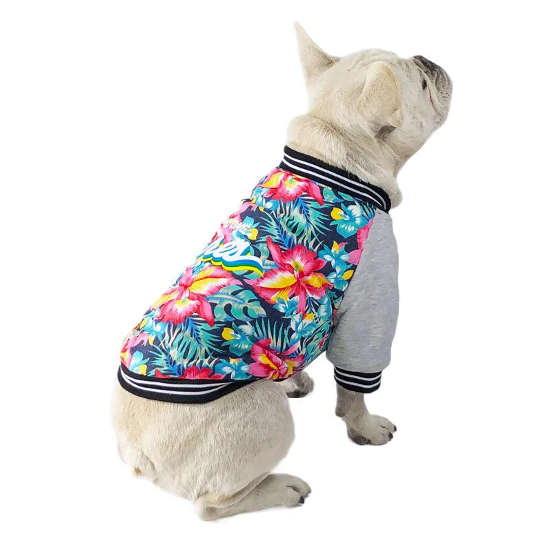 Red stretch printed two-legged dog clothes with cotton outer and fleece lining, shown on a dog
