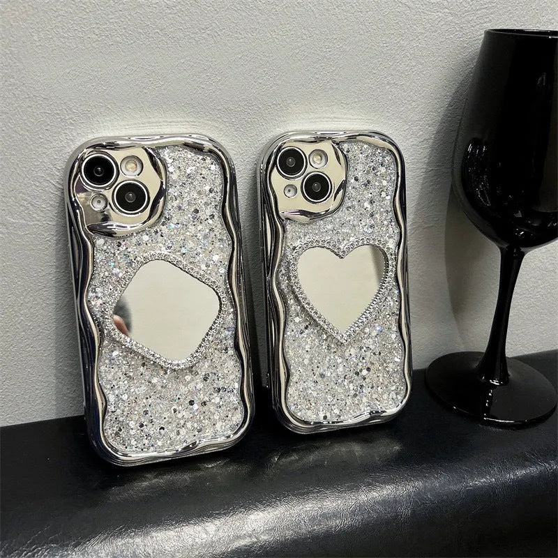 Silver gray TPU phone case with heart-shaped mirror insert for iPhone, high-flash epoxy finish