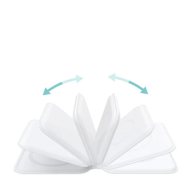 White foldable magnetic wireless charging dock showing two phones charging simultaneously at an angle.