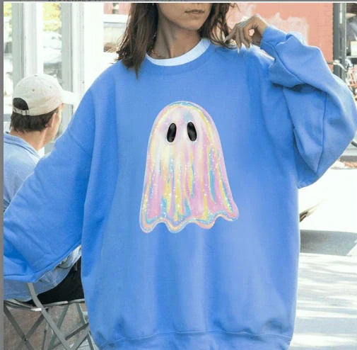 Women's grey Halloween sweatshirt with raised orange pumpkin 3D print, crew neck, long sleeves