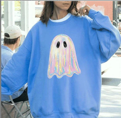 Women's grey Halloween sweatshirt with raised orange pumpkin 3D print, crew neck, long sleeves