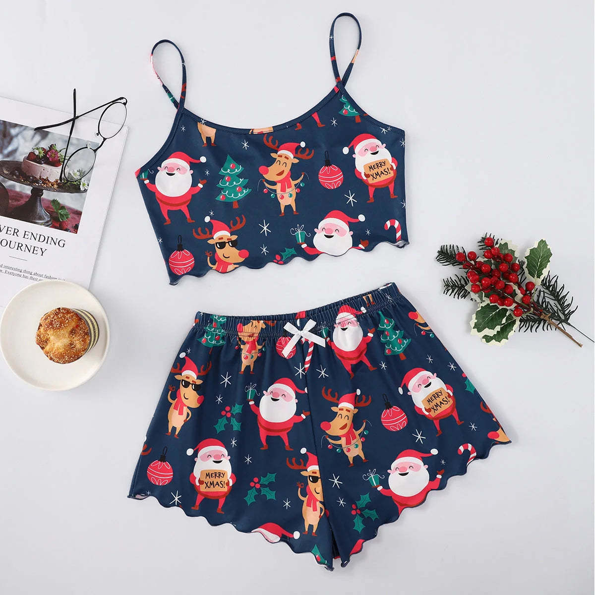 Women's Christmas-themed milk silk pajamas set with sleeveless top and shorts