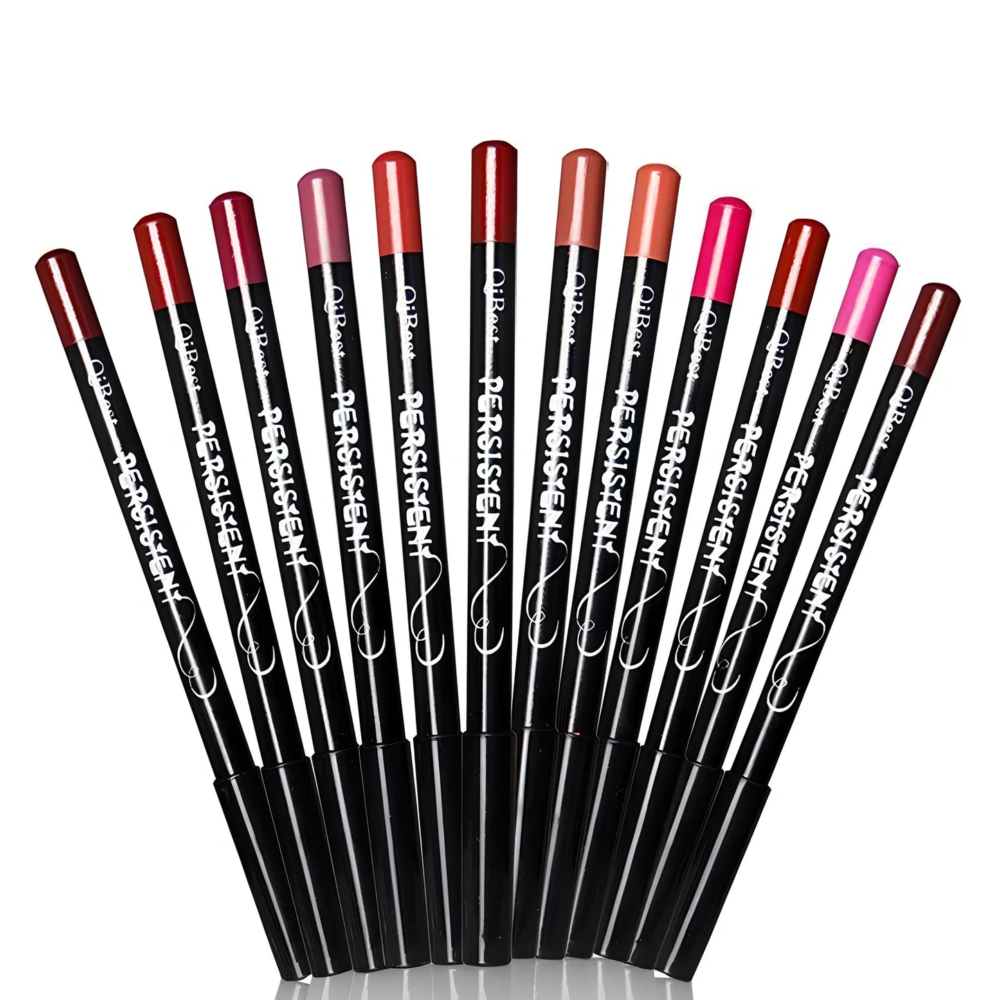 12-piece set of colourful waterproof lip liner pencils for professional makeup, including shades for lips, brows, and eyes