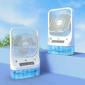 White USB rechargeable portable air cooler with adjustable head and water tank on a tabletop.