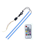 RGB colour LED car daytime running light strip with remote control on a white background.