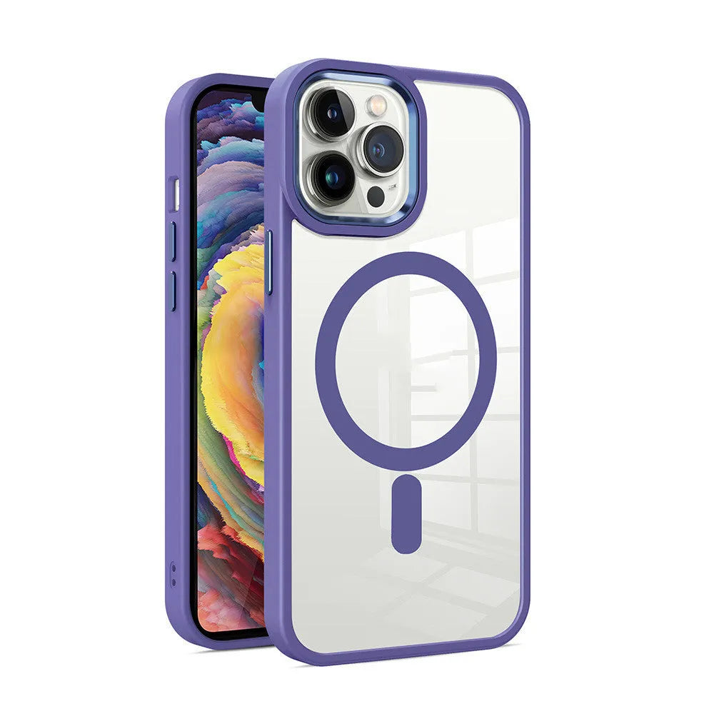 Magnetic transparent silicone phone case for iPhone in assorted solid colours on a white background.