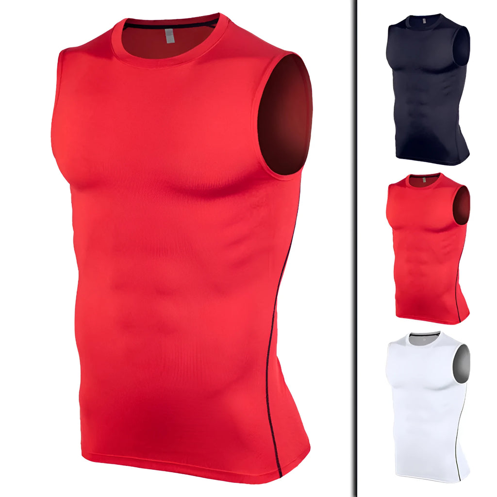 Fitness gym sports polyester vest in black, front view, with pullover style