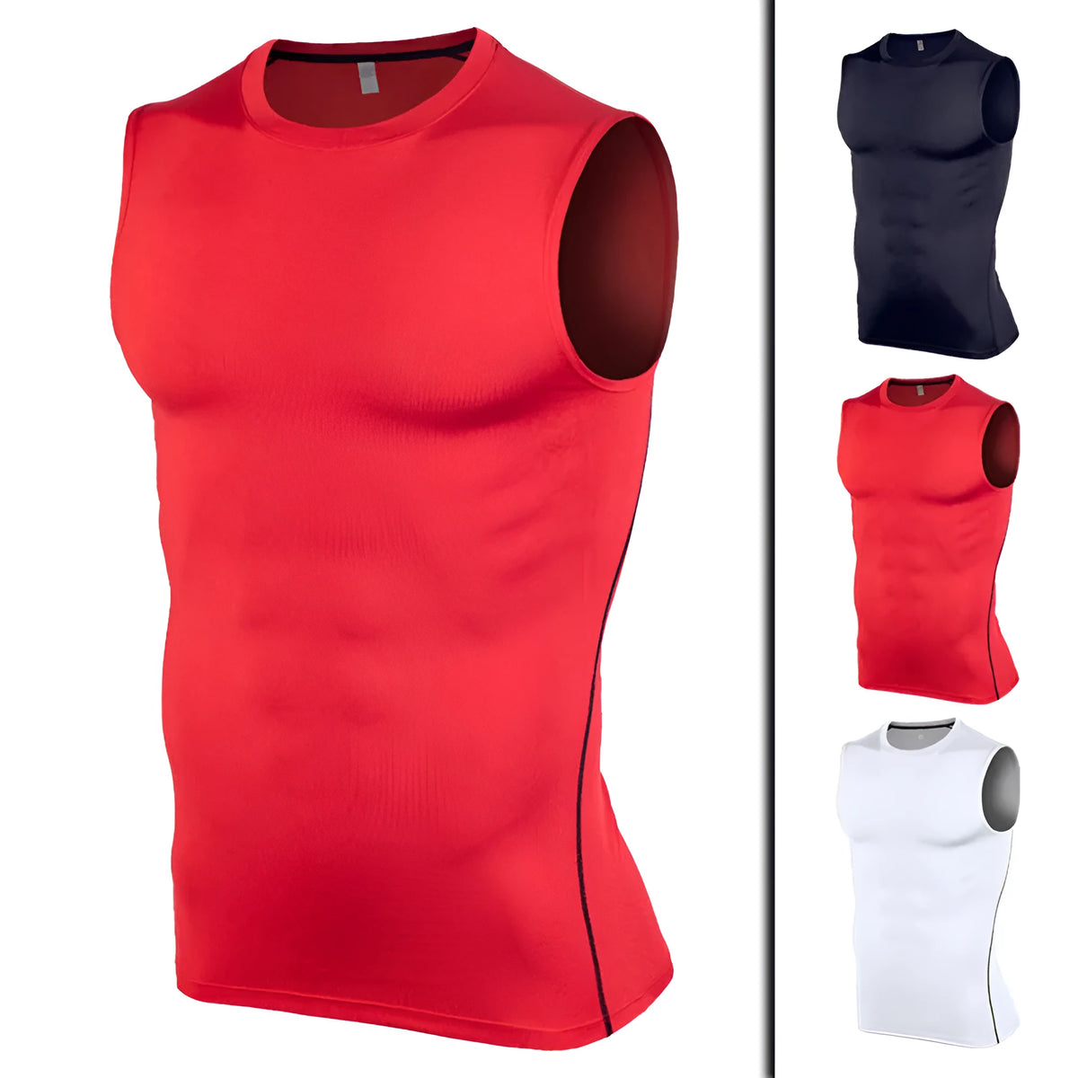 Fitness gym sports polyester vest in black, front view, with pullover style