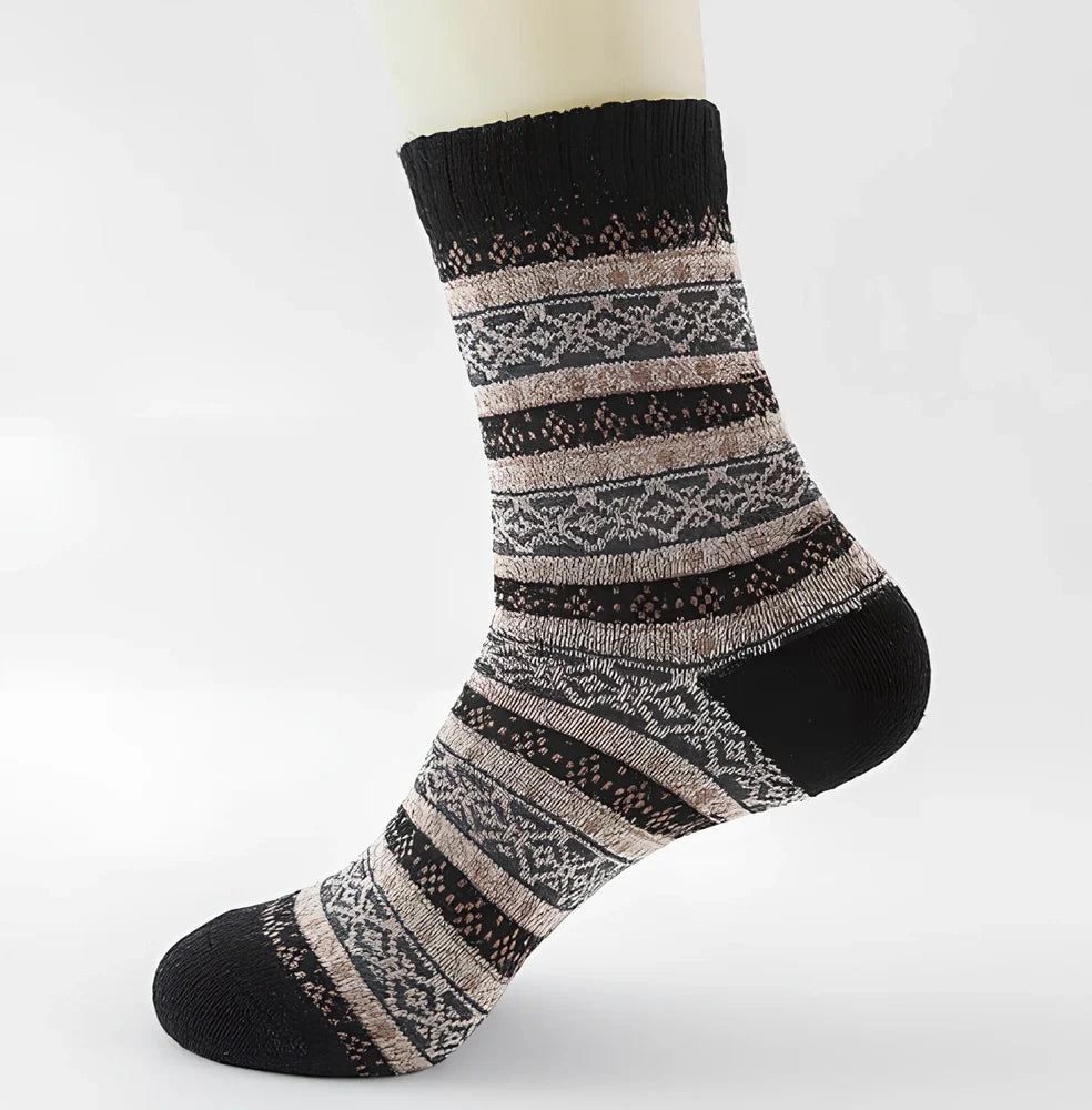 Pack of 5 thick stripe wool blend socks in various colours, featuring 15% rabbit hair for winter warmth, fitting sizes 39-42