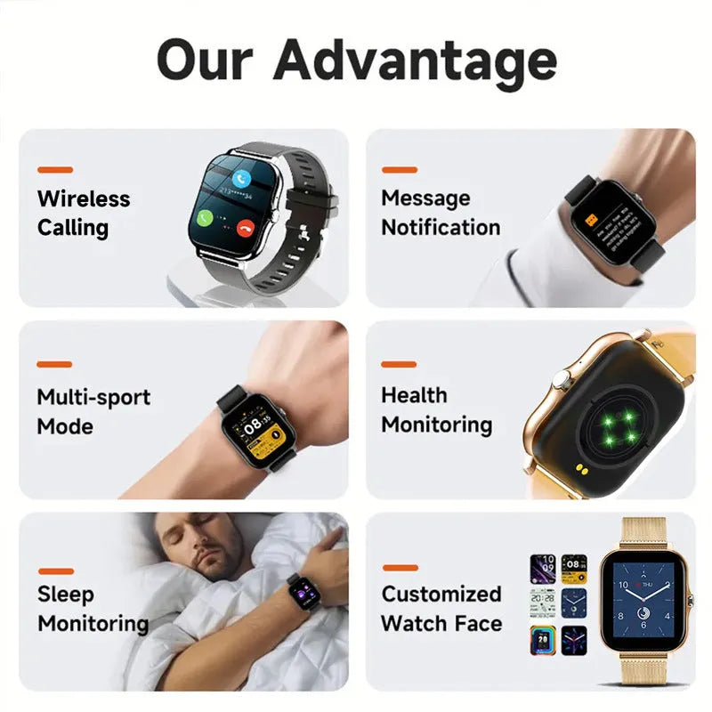 Smart watch with 1.44-inch colour touch screen and black silicone strap on a wrist