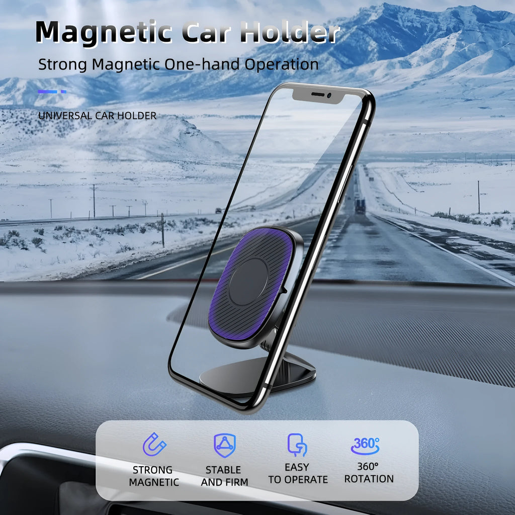 Magnetic car navigation phone holder with zinc alloy body and silicone pad, showing a smartphone attached